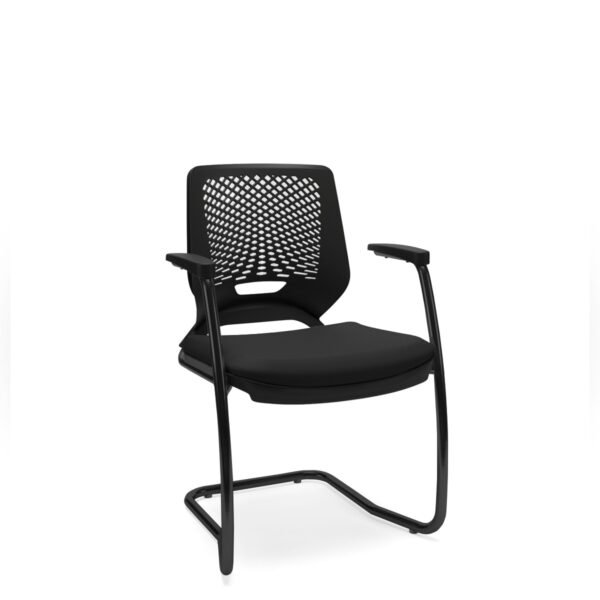 Cadeira de Escritório Fixa Aproximação Beezi Base Preta em S com Braços Couro PLAXMETAL