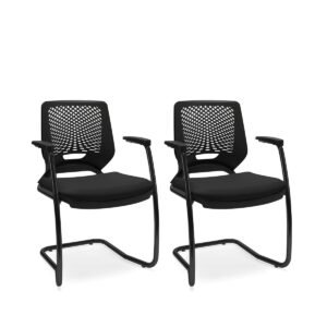Kit 02 Cadeiras Fixa Aproximação Interlocutor Beezi Base Preta em S Encosto Preto e Assento Couro Eco Plaxmetal