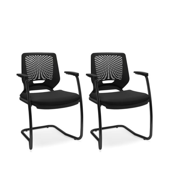 Kit 02 Cadeiras Fixa Aproximação Interlocutor Beezi Base Preta em S Encosto Preto e Assento Couro Eco Plaxmetal