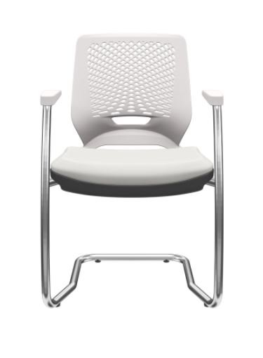 Cadeira de Escritório Fixa Aproximação Beezi Base Cromada em S com Braços Encosto Branco Assento Facto Branca PLAXMETAL