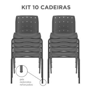 KIT 10 Cadeiras Fixas Ergoplax Secretária 4 Pés Slim Preta Plaxmetal