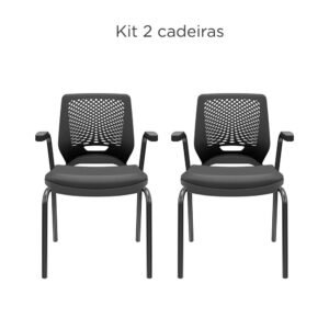 KIT 02 Cadeiras de Escritório Fixa Aproximação 4 pés com Braço Beezi Encosto Preto Assento Material Sintético PLAXMETAL