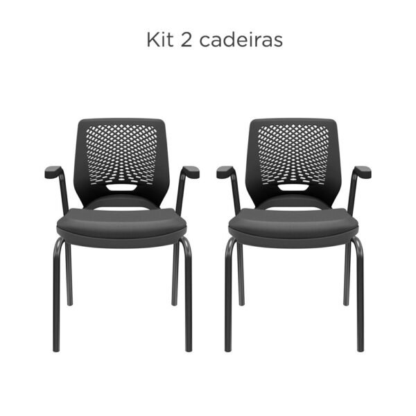 KIT 02 Cadeiras de Escritório Fixa Aproximação 4 pés com Braço Beezi Encosto Preto Assento Material Sintético PLAXMETAL