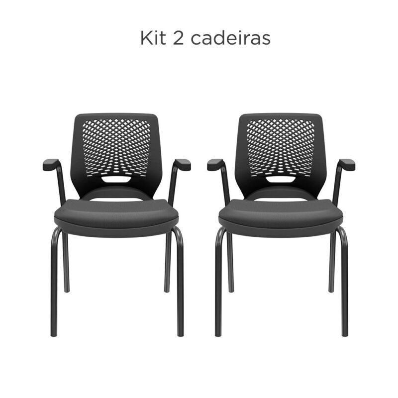 KIT 02 Cadeiras de Escritório Fixa Aproximação 4 pés com Braço Beezi Encosto Preto Assento Material Sintético PLAXMETAL