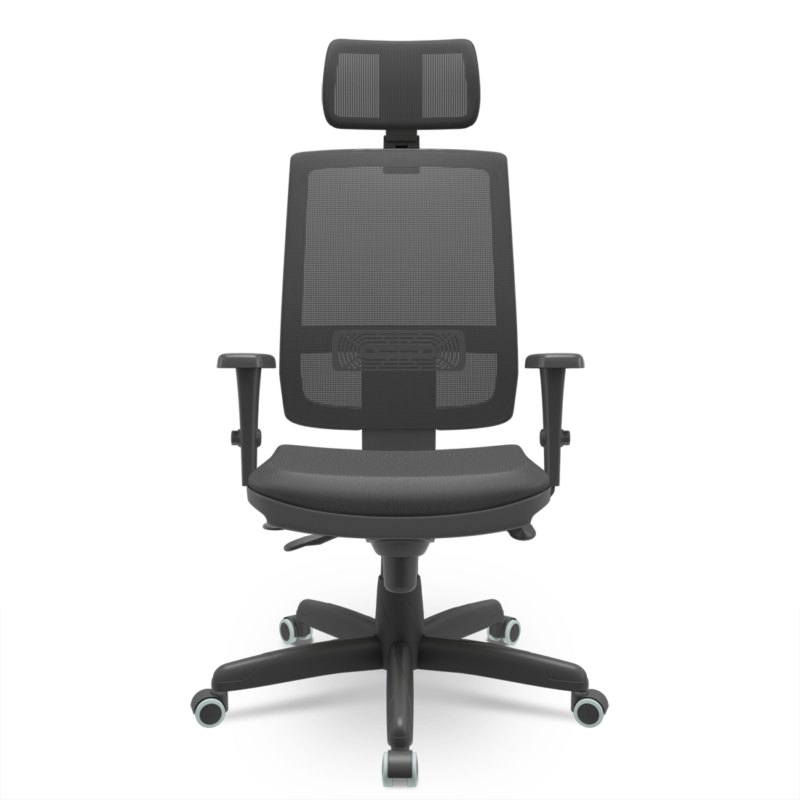 Cadeira Escritório Presidente Brizza Plaxmetal NR17 Slider Sincron Braço 3D Couro Ecológico Apoio Cabeça Preta