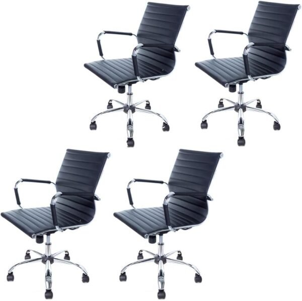 Kit 04 Cadeiras Escritório Diretor Esteirinha Eames Giratória Mecanismo Relax Preta
