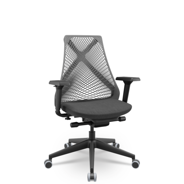 Cadeira Escritório Presidente Preta Tela Bix X+ Autocompensador Slider Braço 4D PU Plaxmetal Cinza