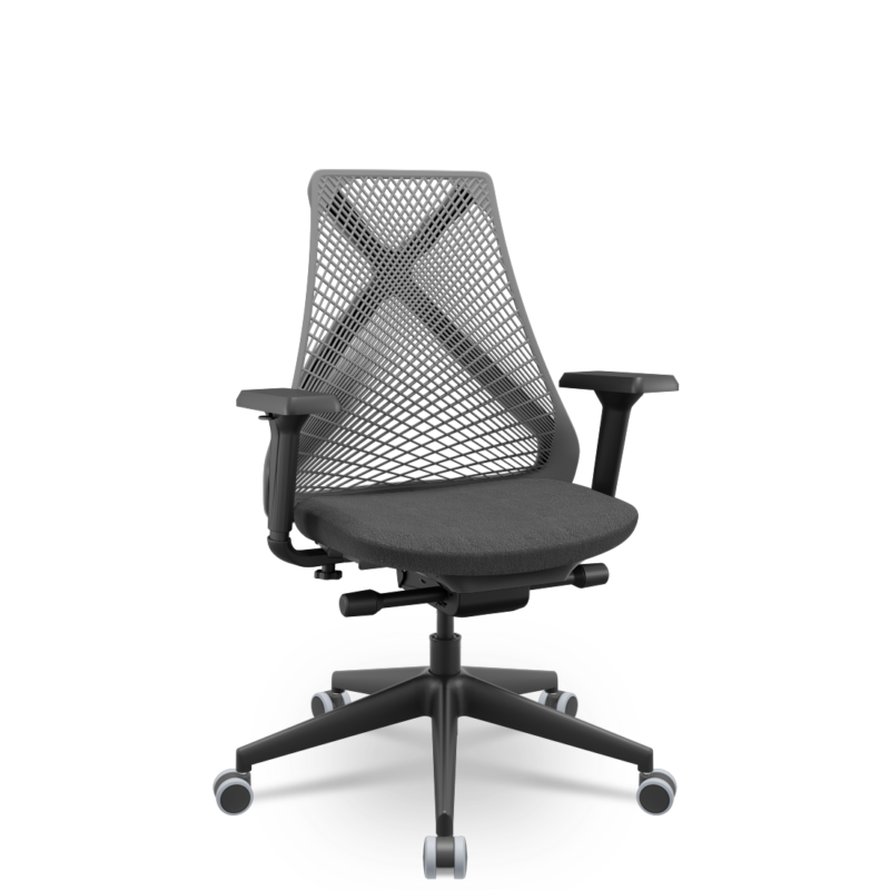 Cadeira Escritório Presidente Preta Tela Bix X+ Autocompensador Slider Braço 4D PU Plaxmetal Cinza