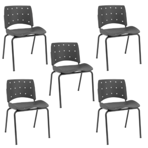 KIT 05 Cadeiras Fixas Ergoplax Slim 4 Pés Preta Plaxmetal