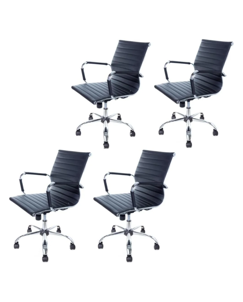 Kit 04 Cadeiras Escritório Diretor Esteirinha Eames Giratória Mecanismo Relax Preta