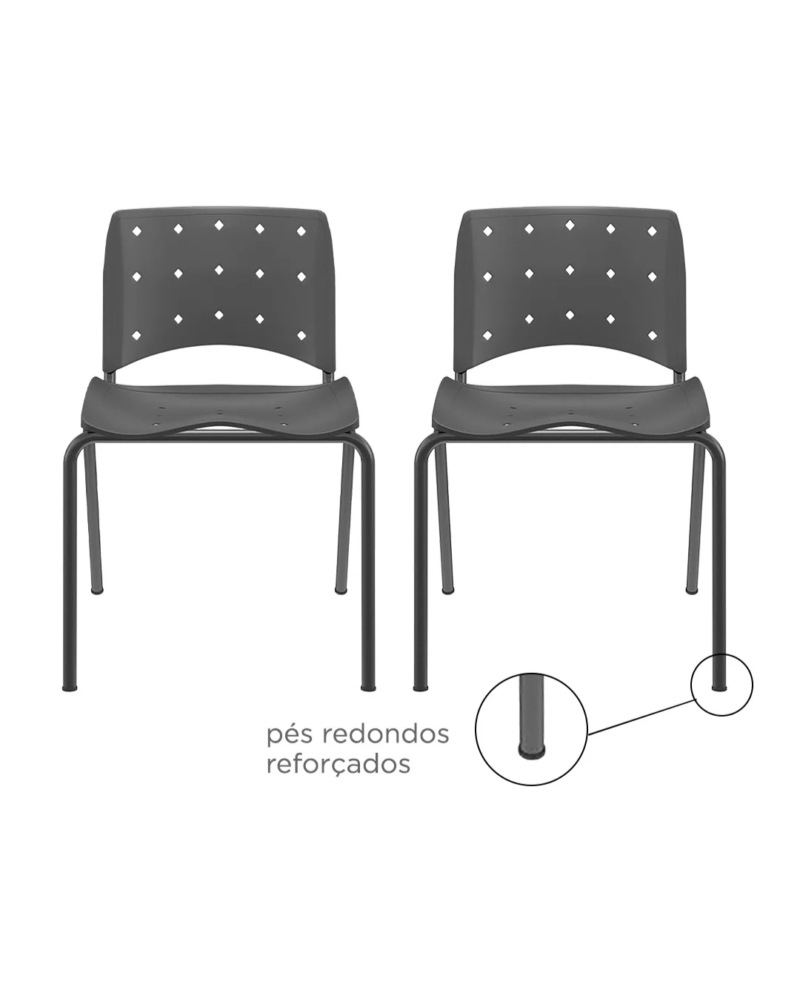 KIT 02 Cadeiras Fixas Ergoplax Slim 4 Pés Preta Plaxmetal