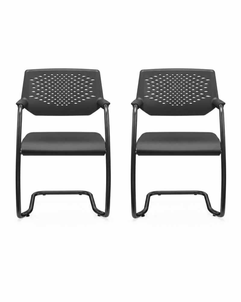 Cadeira Interlocutor Fixa Piena Plaxmetal Couro Eco Preta - Kit 2