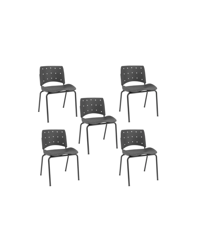 KIT 05 Cadeiras Fixas Ergoplax Slim 4 Pés Preta Plaxmetal
