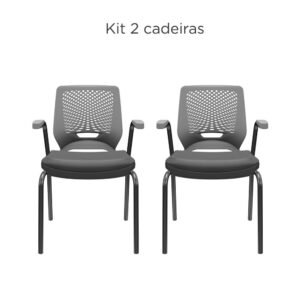 Kit 02 Cadeiras Fixas Aproximação 4 pés com Braço Beezi Base Preta Encosto Cinza Assento Facto Dunas Grafite Plaxmetal