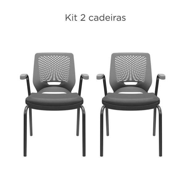 Kit 02 Cadeiras Fixas Aproximação 4 pés com Braço Beezi Base Preta Encosto Cinza Assento Facto Dunas Grafite Plaxmetal