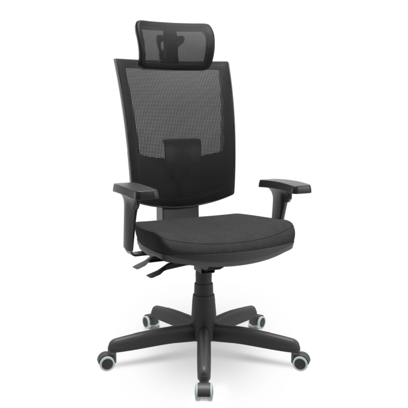 Cadeira Presidente Ergonômica Flash Plaxmetal NR17 Poliéster Preto Back System, Braços Reguláveis e Apoio de Cabeça